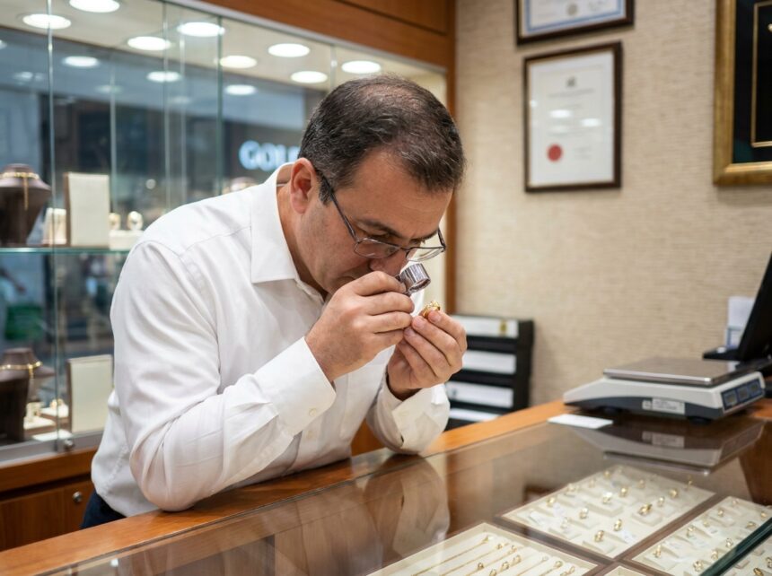 Expert d'un comptoir d'or examinant un bijou en or avec une loupe de joaillier derrière un comptoir professionnel