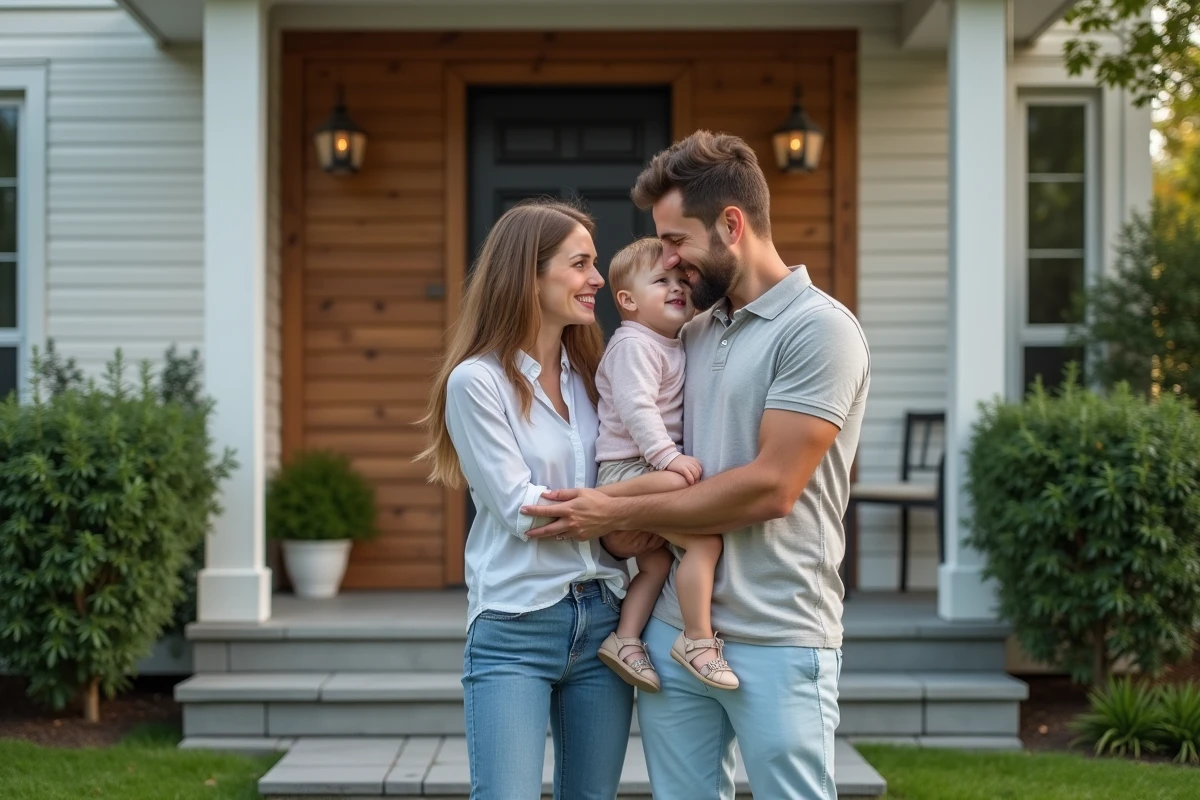 Jeune couple souriant avec enfant sur le porche de la maison