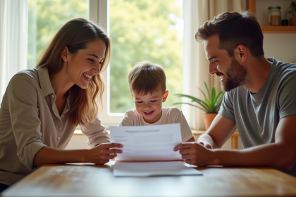 Famille heureuse discutant de contrats d'assurance santé