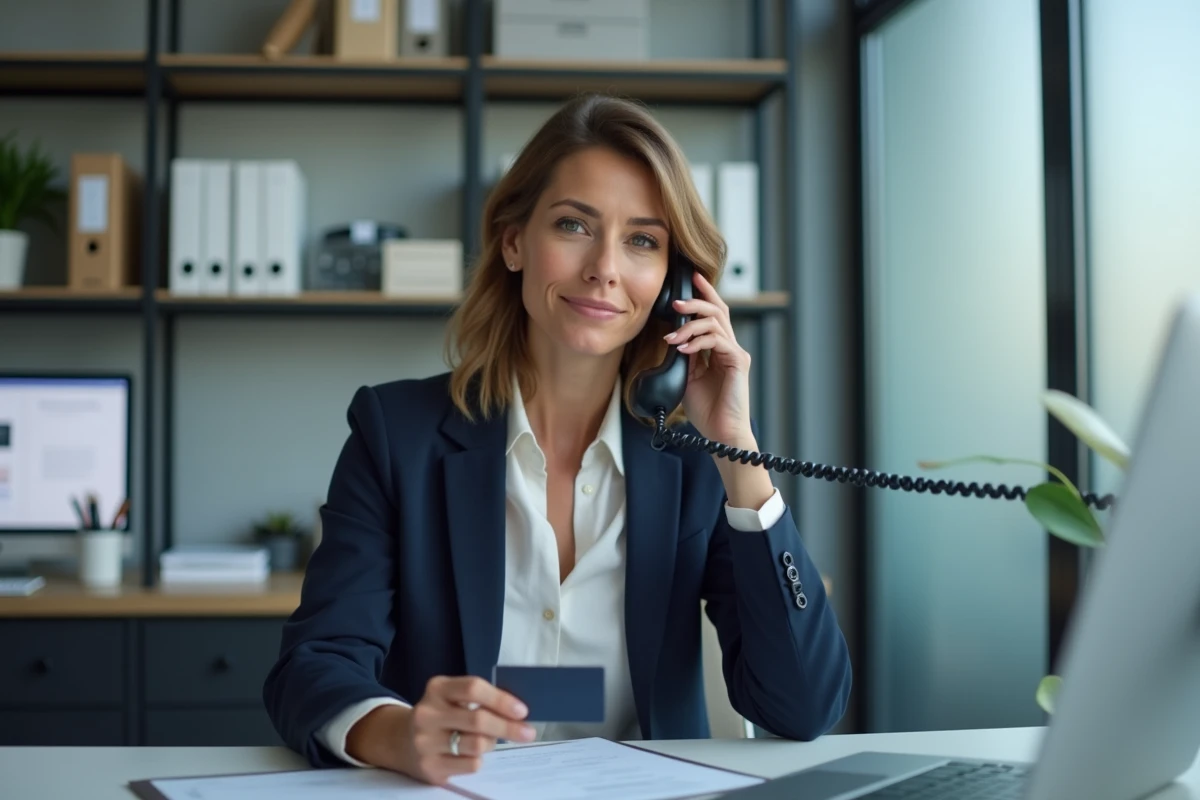 Femme d'affaires au bureau tenant une carte bancaire