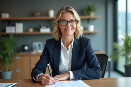 Femme d affaires confiante en costume navy dans un bureau moderne