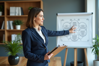 Femme d'affaires en costume navy pointant la matrice BCG