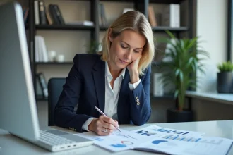 Femme d'affaires analysant un rapport financier dans un bureau moderne