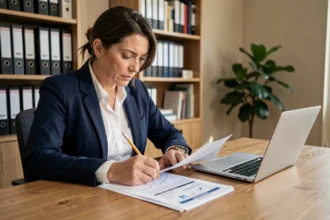 Femme analysant ses documents d'épargne LDD à son bureau pour planifier ses projets financiers futurs