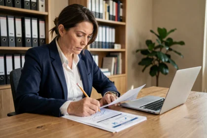 Femme analysant ses documents d'épargne LDD à son bureau pour planifier ses projets financiers futurs