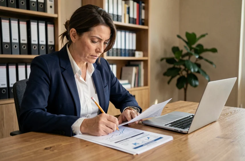 Femme analysant ses documents d'épargne LDD à son bureau pour planifier ses projets financiers futurs