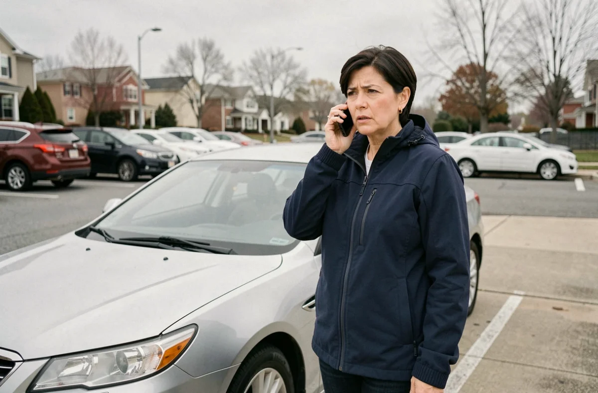 Femme au téléphone avec son assureur au bord de sa voiture garée pour demander une suspension temporaire de son assurance auto