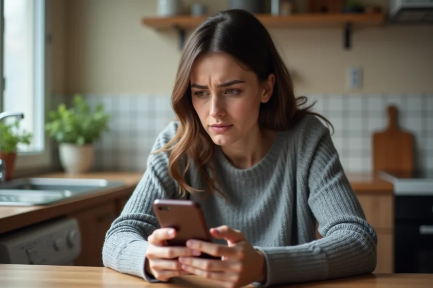 Femme frustrée tenant un smartphone affichant une erreur sur une application bancaire Nickel dans une cuisine d'appartement