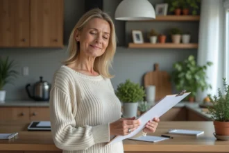 Femme d'âge moyen souriante tenant un dossier dans la cuisine