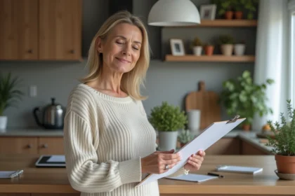 Femme d'âge moyen souriante tenant un dossier dans la cuisine