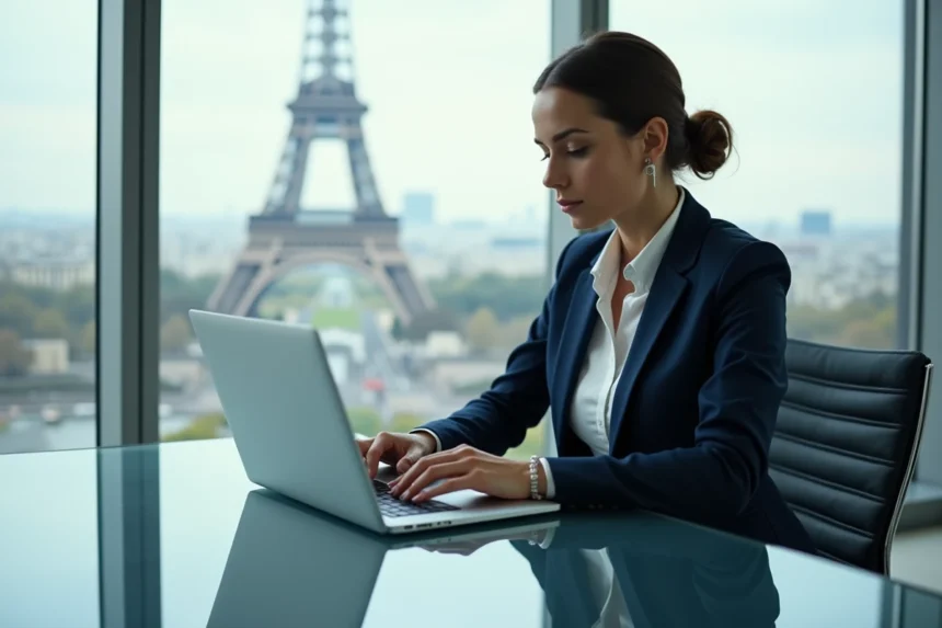 Femme en blazer bleu étudiant des graphiques financiers