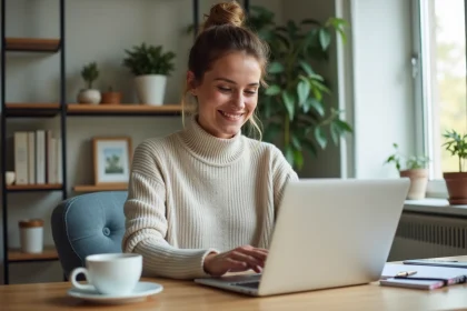 Femme souriante utilisant un ordinateur pour la banque en ligne
