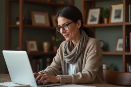 Femme d'âge moyen utilisant son ordinateur pour la banque à domicile