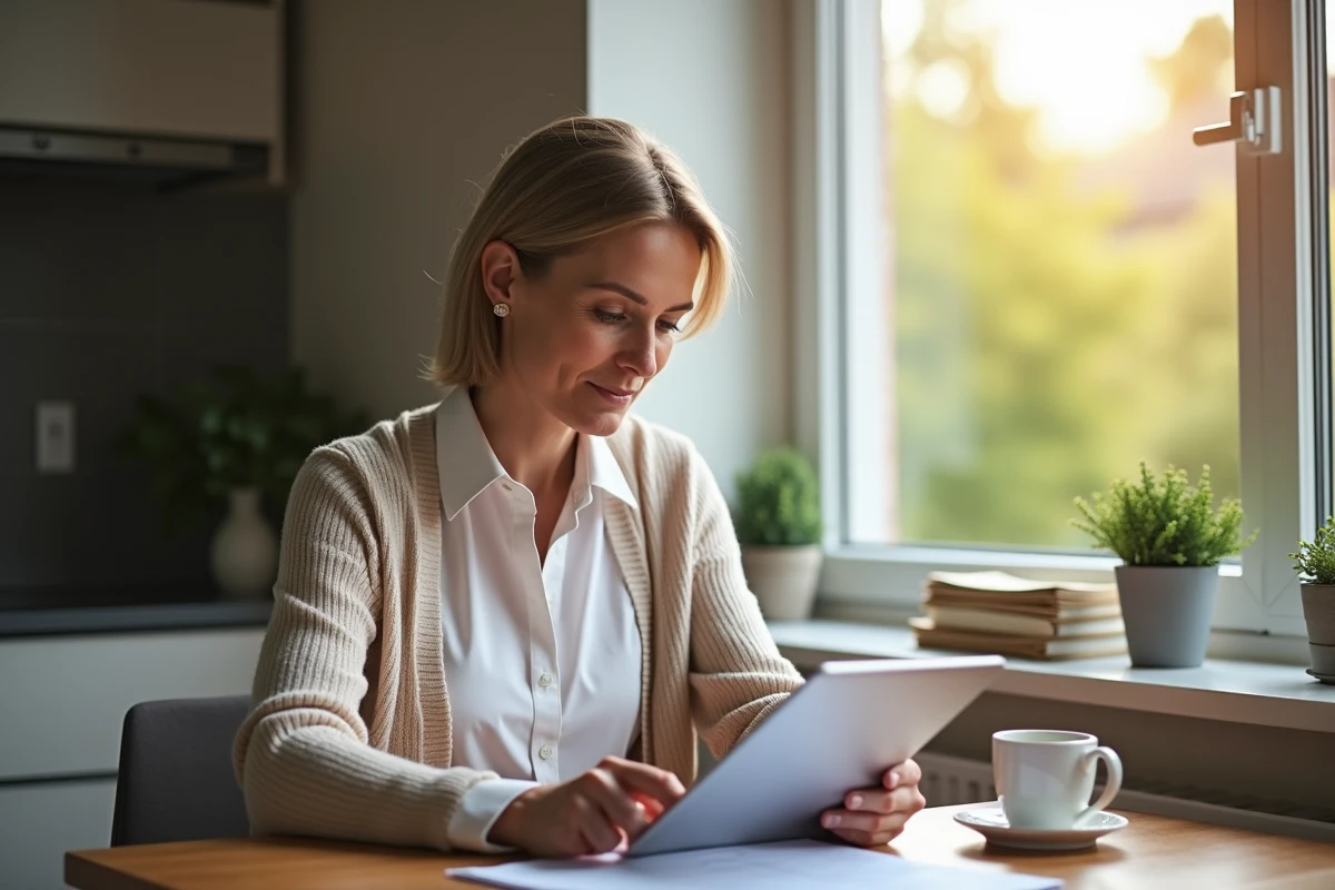 Femme belge au domicile vérifiant sa fiche de paie sur tablette