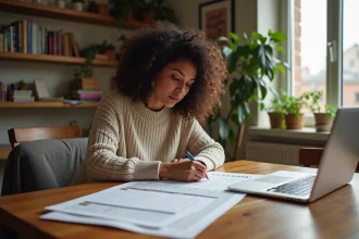 Femme organisée planifiant son budget mensuel à la maison