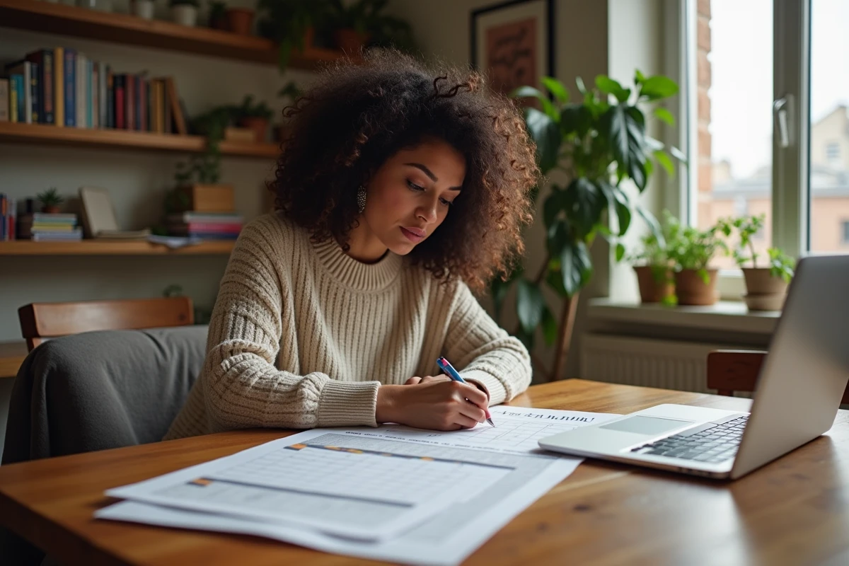 Femme organisée planifiant son budget mensuel à la maison