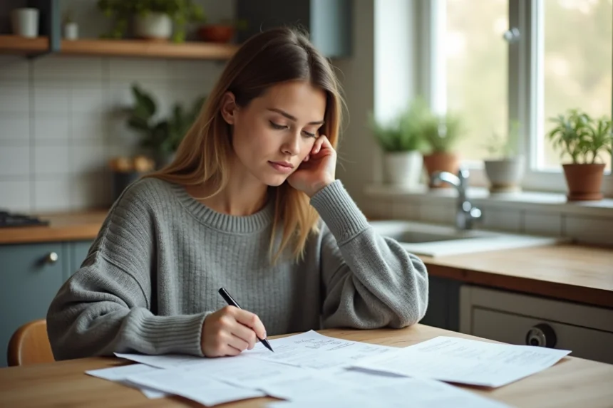 Femme consultant sa fiche de paie et son budget mensuel à la table de cuisine, illustrant la gestion d'un salaire de 2200 euros brut