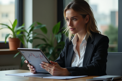 Femme confiante en bureau analysant des graphiques boursiers