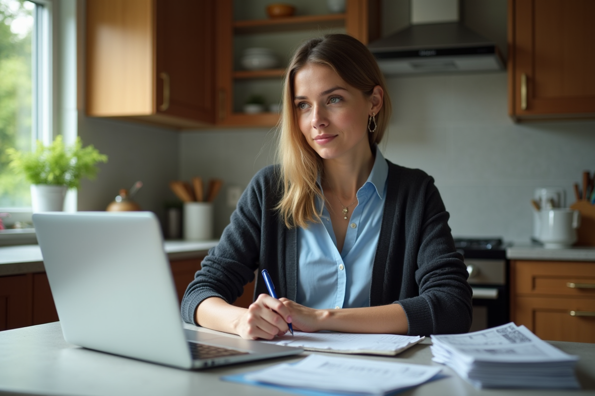 Femme concentrée à la maison avec ses factures et notes