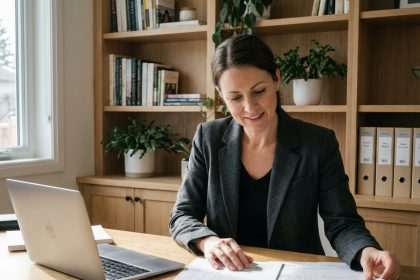 Femme en bureau professionnel examinant des factures