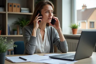 Femme concentrée au bureau avec ordinateur et smartphone