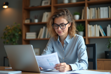 Femme en bureau moderne examine des documents avec concentration