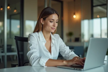 Femme en bureau vérifiant son compte d'epargne en ligne
