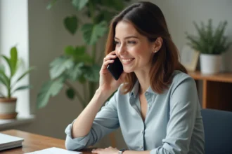 Femme au bureau parlant au téléphone avec concentration