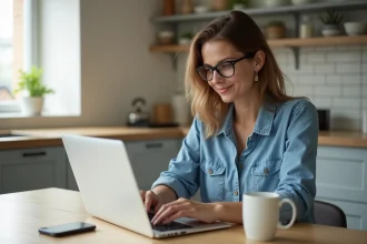 Femme vérifiant ses paiements CAF sur son ordinateur dans la cuisine