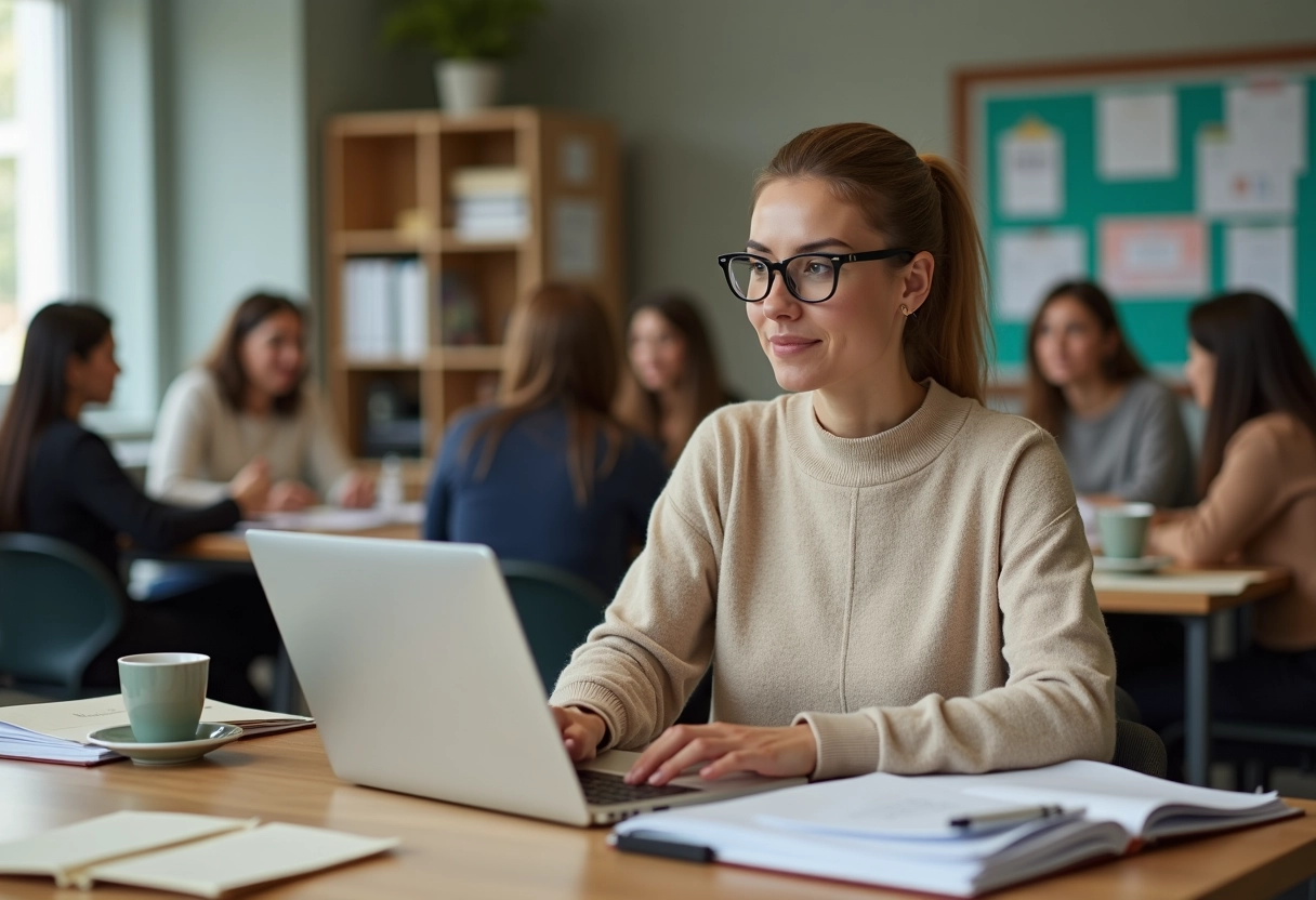 Femme en classe préparant ses dépenses avec un ordinateur et des enveloppes