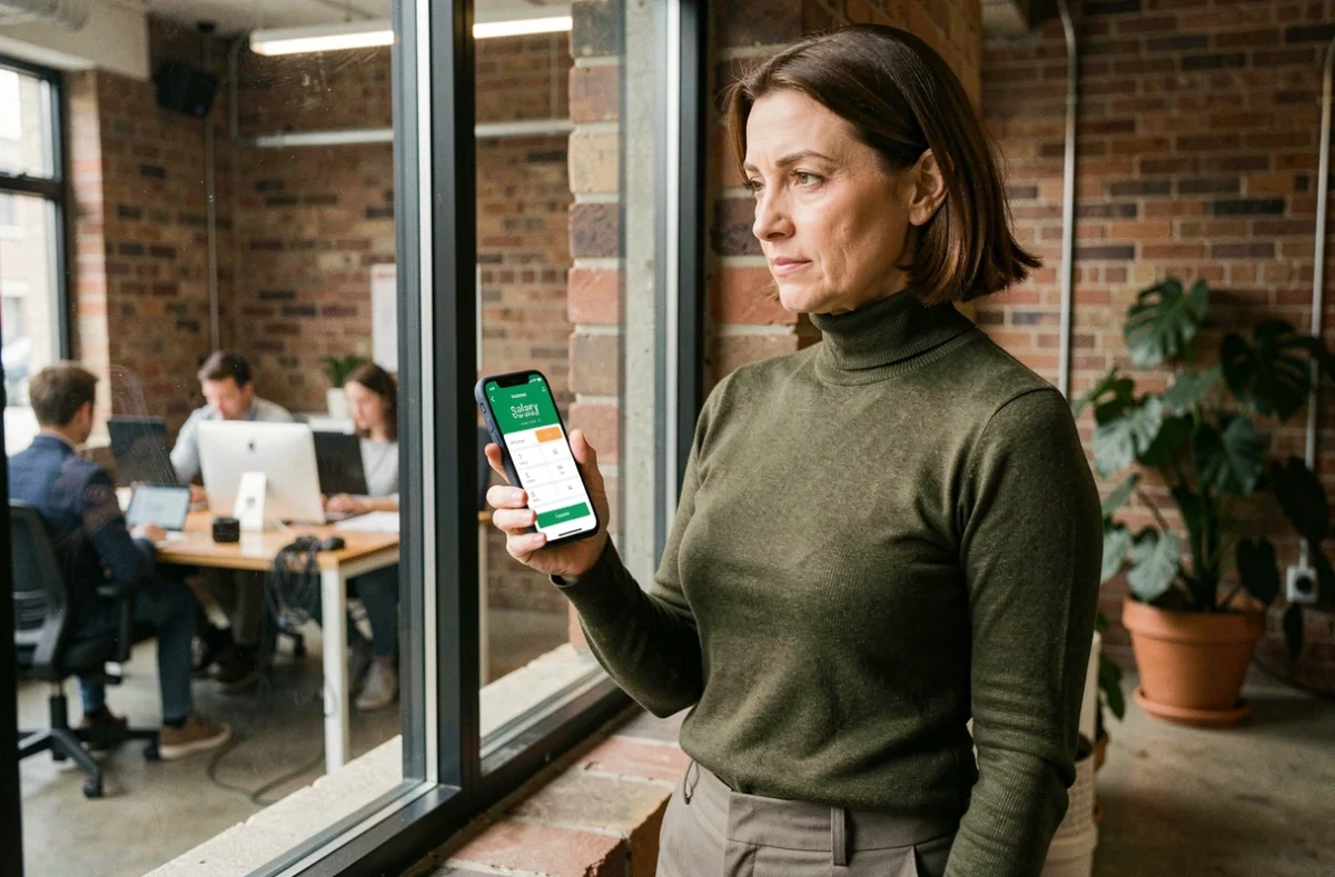 Femme consultant un calculateur de salaire brut net sur smartphone dans un espace de coworking