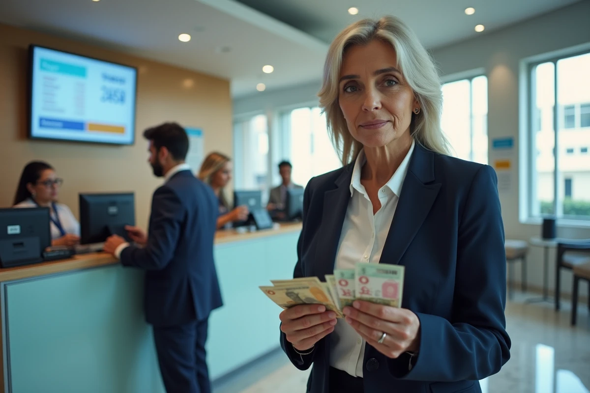 Femme tenant des billets de dirham marocain devant un tableau de taux de change euro dans une agence bancaire moderne