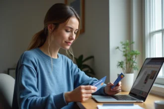 Femme réfléchissant à ses cartes de paiement à son bureau