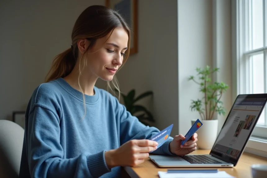 Femme réfléchissant à ses cartes de paiement à son bureau