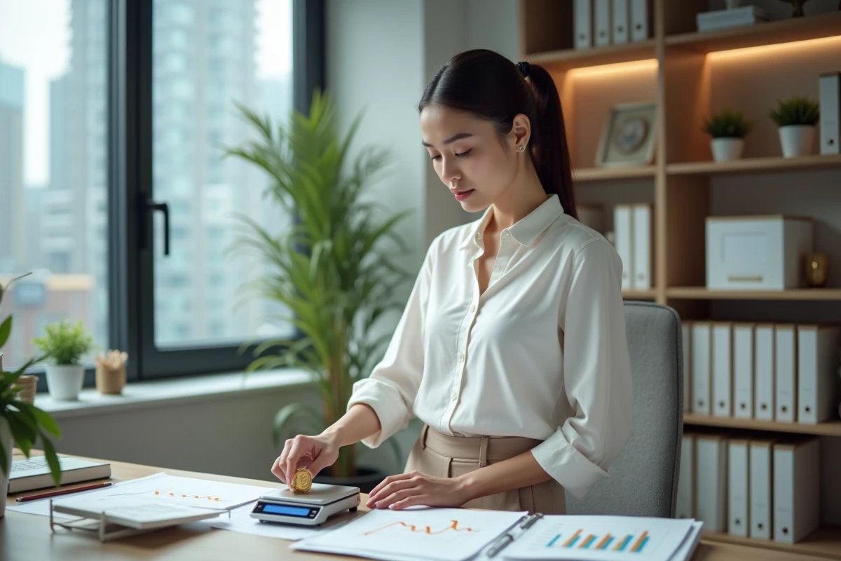 Jeune femme professionnelle pesant une pièce d