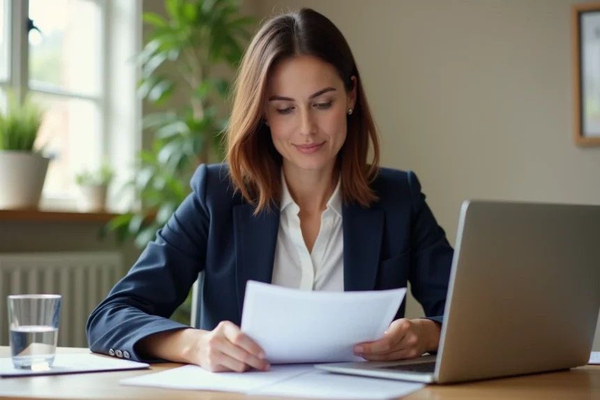 Femme comparant des offres d'assurance auto en ligne sur un ordinateur portable dans un bureau à domicile