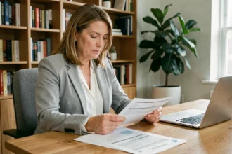 Femme comparant des contrats de mutuelle santé à son bureau à domicile