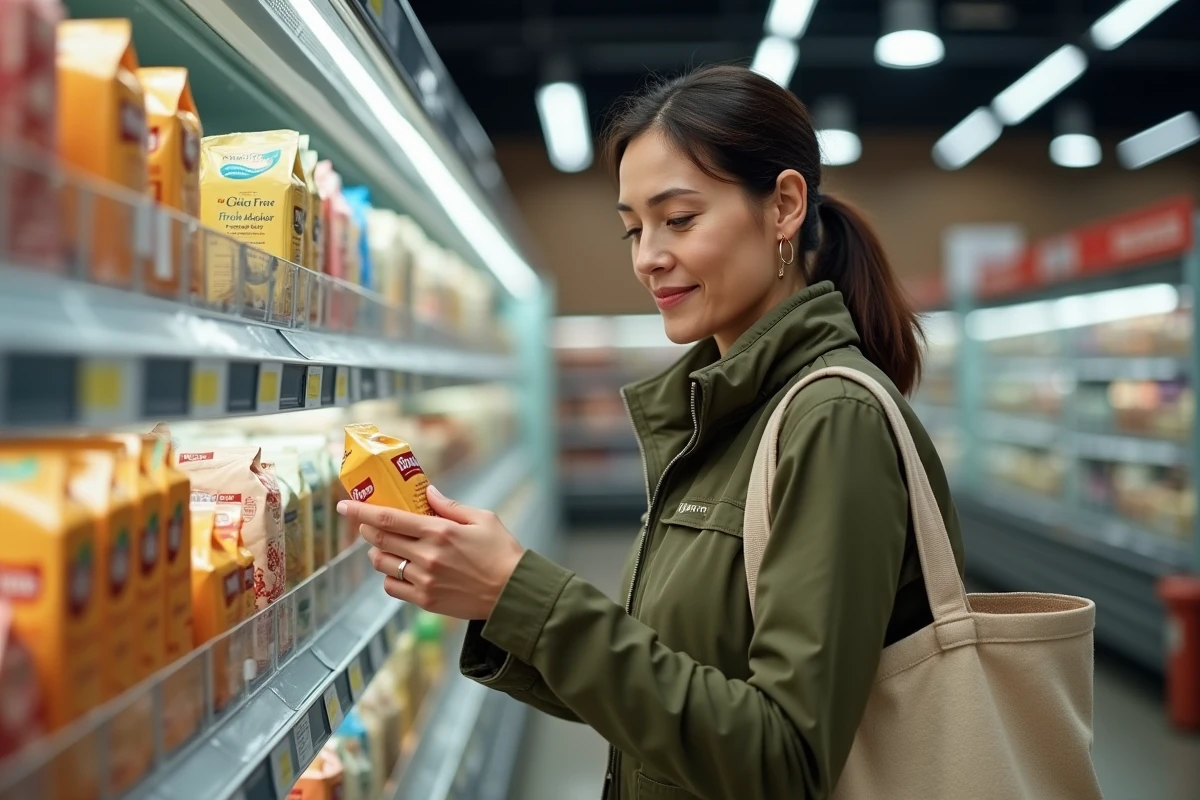 Femme comparant les prix de produits alimentaires en supermarché pour optimiser son budget courses