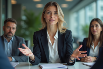 Femme confiante en réunion d'affaires avec collègues