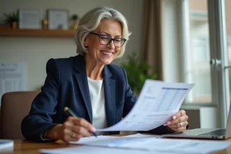 Femme confiante en revue de rapport SCPI dans bureau moderne
