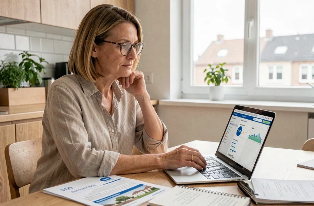 Femme consultant une plateforme de SCPI sur son ordinateur depuis son appartement pour planifier ses investissements