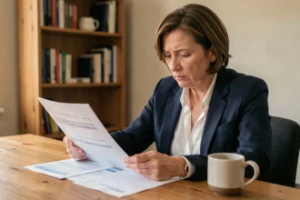 Femme consultant son contrat d'assurance auto à son bureau pour comprendre le fonctionnement de la franchise