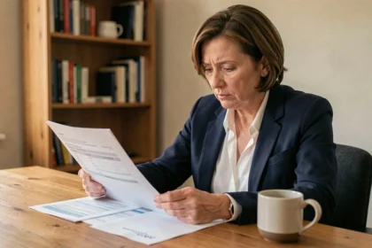 Femme consultant son contrat d'assurance auto à son bureau pour comprendre le fonctionnement de la franchise