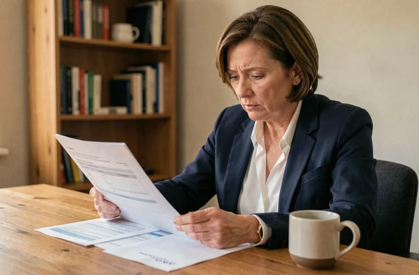 Femme consultant son contrat d'assurance auto à son bureau pour comprendre le fonctionnement de la franchise