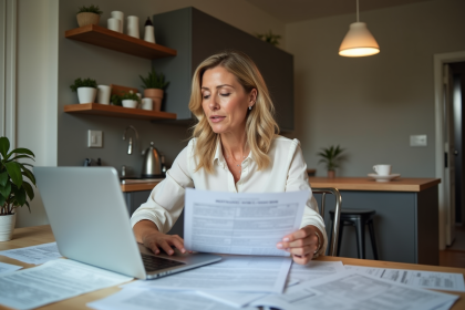 Femme d'âge moyen examinant un contrat d'hypothèque dans un appartement moderne
