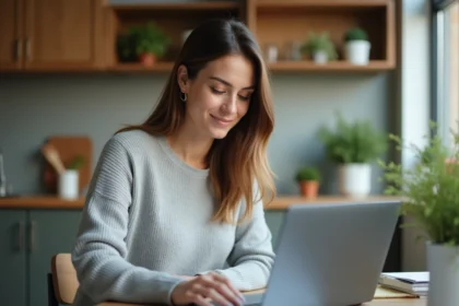 Femme consultant des documents de crédit sur un ordinateur portable dans une cuisine moderne