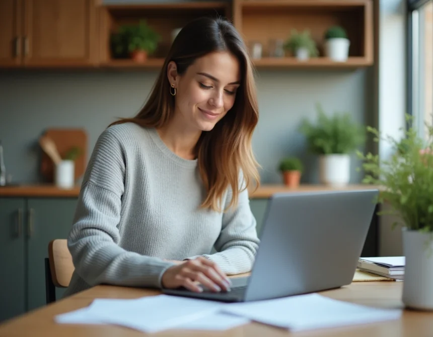 Femme consultant des documents de crédit sur un ordinateur portable dans une cuisine moderne