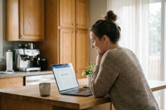 Femme assise à la cuisine avec ordinateur portable