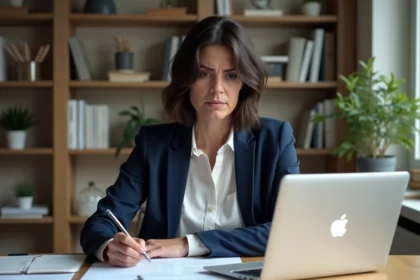 Femme consultant sa déclaration d'impôts pour la prime Macron à son bureau à domicile