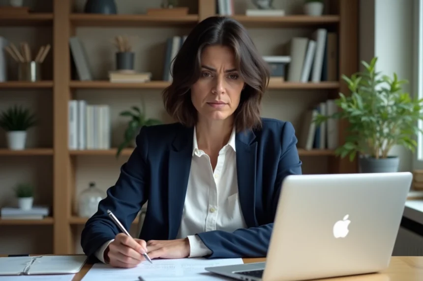 Femme consultant sa déclaration d'impôts pour la prime Macron à son bureau à domicile